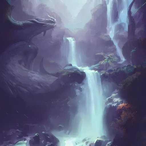 Image similar to beautiful photoshop commission of a slender dragon relaxing by a waterfall, digital painting, artstation, art by Jaime Jones