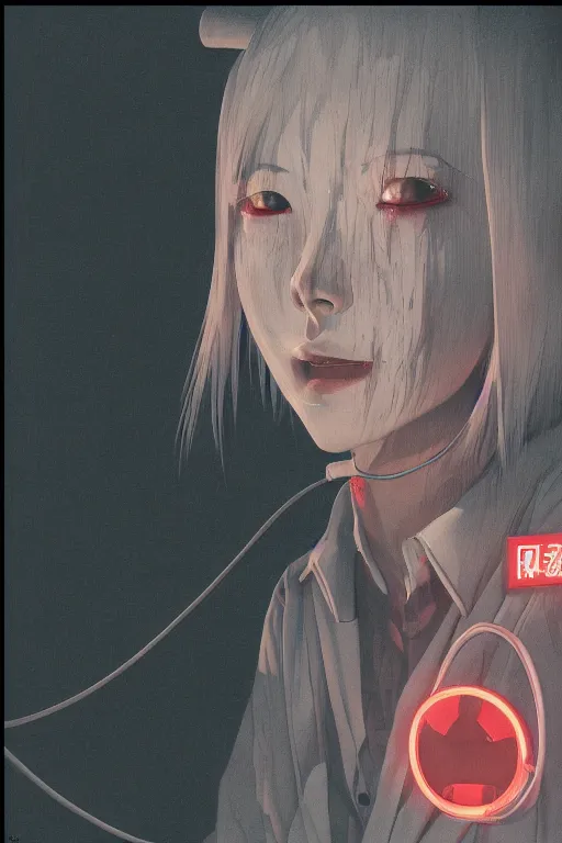 Image similar to portrait of a Japanese creepy nurse girl, wearing a straight jacket in a busy Tokyo street at night, neon lights, advertising, intricate artwork, nightmare fuel, terrifying, by akihiko yoshida , trending on artstation, greg rutkowski, cinematic, hyper realism, high detail, octane render, 8k