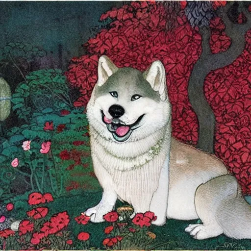 Prompt: a red akita inu in a moonlit palace garden, by warwick goble and kay nielsen