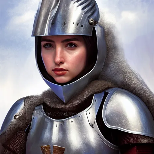 Prompt: head and shoulders portrait of a female knight, ana de armas as joan of arc, helmet, breastplate, mountain background, by artgerm, face detail, extremely detailed, digital illustration