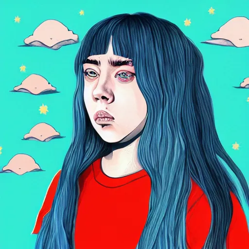 Image similar to cartoon illustration of asian billie eilish