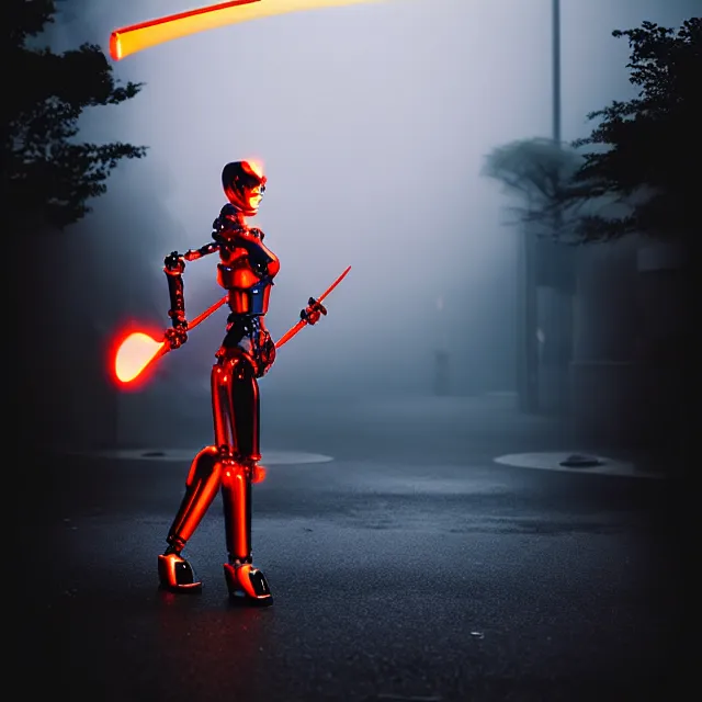 Image similar to robot woman hot fire dance holding katana, detailed pose, shibuya prefecture, cinematic lighting, fog mist smoke, photorealistic, night photography by tomino - sama