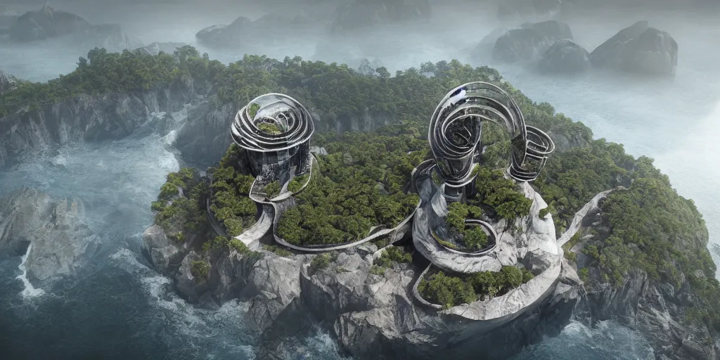 Prompt: modern brutalistic architecture build at the center of a huge vertical ringed shaped mountain with forest on the top in the center of the ocean, unreal 5, hyper realistic, realistic, photorealistic, dynamic lighting, highly detailed, cinematic landscape, studio landscape, studio lighting