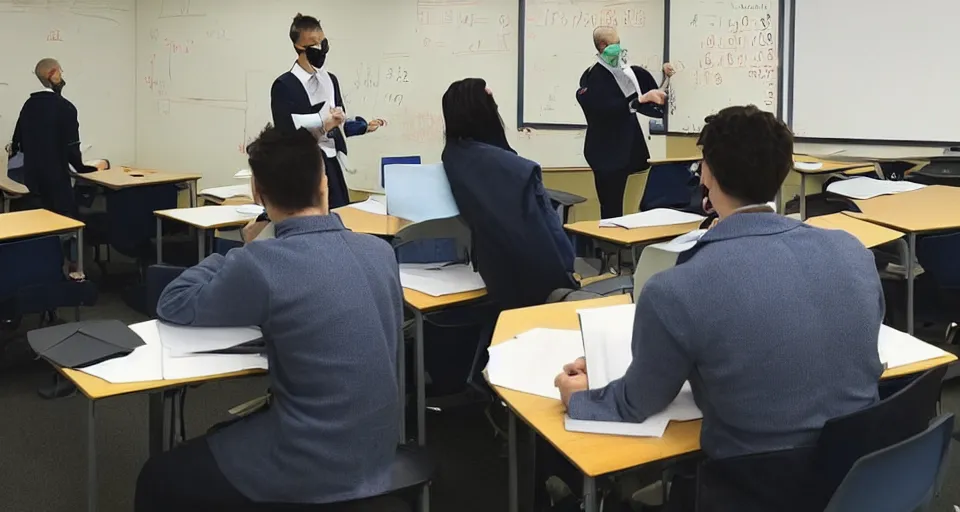 Prompt: a maths teacher wearing an anti covid suit, photo taken from inside of the class room, boring lesson