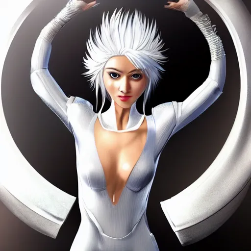 Image similar to beautiful white haired woman dressed in see through space suit in the style of zezhou chen highly detailed, smooth, sharp focus