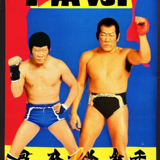 Image similar to advertisment poster for giant baba vs antonio inoki, 1 9 7 0, japan