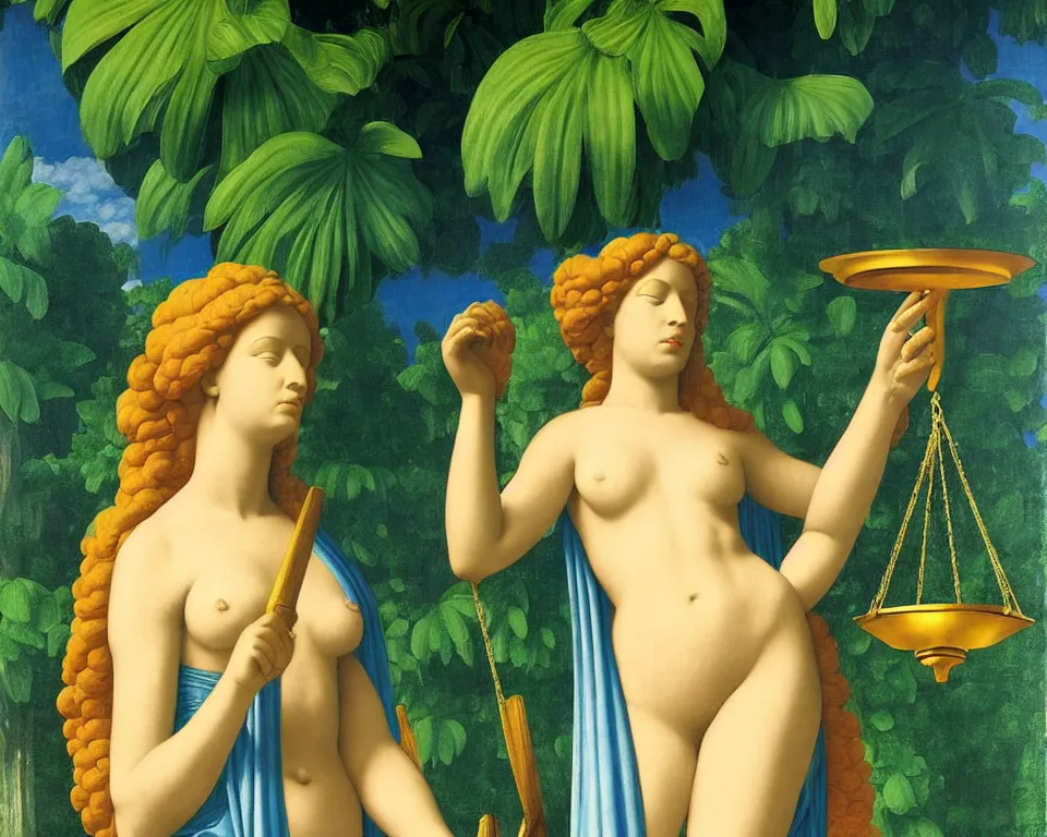 Prompt: achingly beautiful print of lady justice in a tropical temple by raphael, hopper, and rene magritte. detailed, romantic, enchanting, trending on artstation.