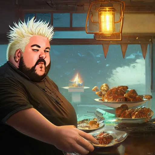 Image similar to Highly detailed portrait of fat Guy Fieri, Stephen Bliss, unreal engine, fantasy art by Greg Rutkowski, Loish, Rhads, ferdinand knab, Makoto Shinkai and Lois van baarle, ilya kuvshinov, rossdraws, Tom Bagshaw, alphonse mucha, global illumination, radiant light, detailed and intricate environment