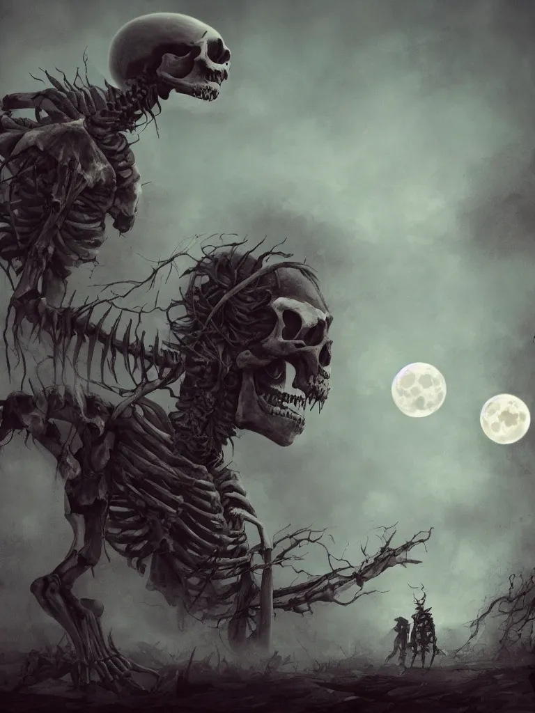 Image similar to a very large and scary skeleton with soft and luminous colors dances in an apocalyptic landscape with vapor and smoke under the moon in twilight, darkart, hyperdetailed, hyperealistic, cinematography, 8k,Artstation, Deviantart, beautiful