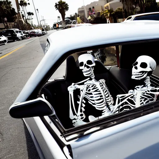 Image similar to Photo of skeletons doing a drive by in Los Angeles with uzis in a lowrider car