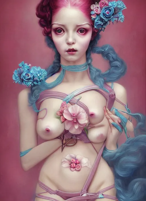 Image similar to pop surrealism, lowbrow art, realistic seductive cute woman looking painting, pink body harness, japanese shibari with blue flowers, hyper realism, muted colours, rococo, natalie shau, loreta lux, tom bagshaw, mark ryden, trevor brown style,