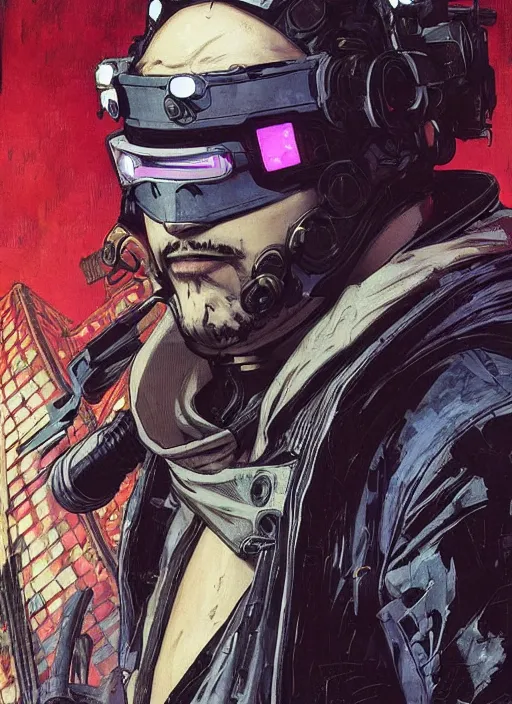 Image similar to cyberpunk ninja dude. portrait by ashley wood and alphonse mucha and laurie greasley and josan gonzalez and james gurney. splinter cell, apex legends, rb 6 s, hl 2, d & d, cyberpunk 2 0 7 7. realistic face. character clothing. vivid color. dystopian setting.