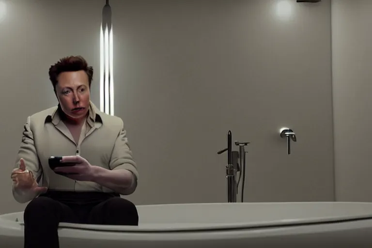 Image similar to hyperrealism aesthetic ridley scott and denis villeneuve style photography of a detailed hyperrealism elon musk, siting on a detailed hyperrealism toilet and scrolling his detailed smartphone in hyperrealism scene from detailed art house movie in style of alejandro jodorowsky and wes anderson volumetric ambient light