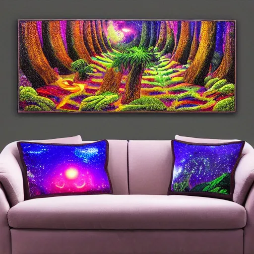 Prompt: psychedelic trippy couch pine forest planets milky way sofa by tim white