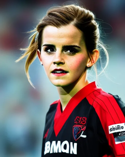 Image similar to a portrait of emma watson as a lokomotiv football player, hyper realistic