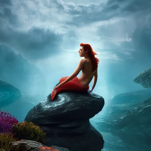 Image similar to Tom Hiddlestone as the little mermaid sitting on a rock in the middle of a lake, hyperrealistic, hyperdetailed, depth of field, High definition, 8k, octane render, artstation