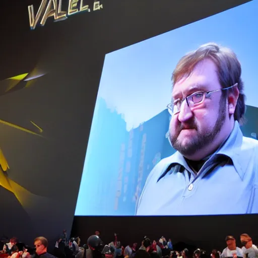 Image similar to Gabe Newell at E3 teasing Half Life-3, eal life, hyperrealistic, ultra realistic, realistic, highly detailed, epic, HD quality, 8k resolution, dramatic, dramatic lighting, dramatic angle