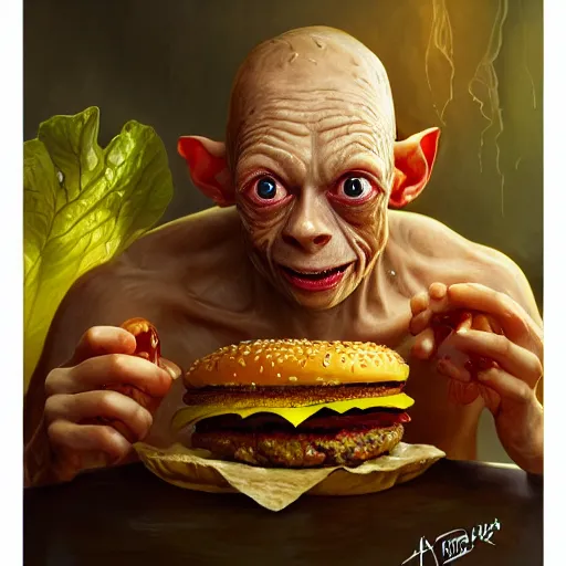 Prompt: portrait of gollum eating hamburgers, extra bacon lettuce and tomato, flooding ketchup and mustard, ethereal, handsome, d & d, fantasy, intricate, elegant, highly detailed, digital painting, artstation, concept art, matte, sharp focus, illustration, art by artgerm and greg rutkowski and alphonse mucha