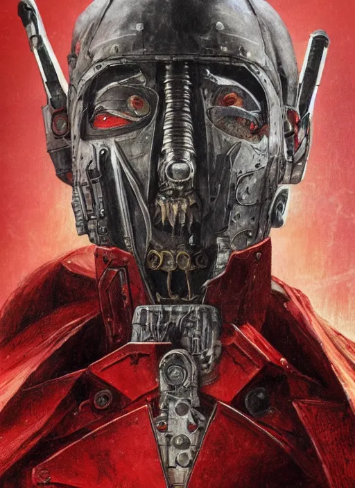 Image similar to portrait of rotten Nicolas Cage as adeptus mechanicus in red hood and robe from Warhammer 40000. Highly detailed, artstation, illustration by and John Blanche and zdislav beksinski and wayne barlowe