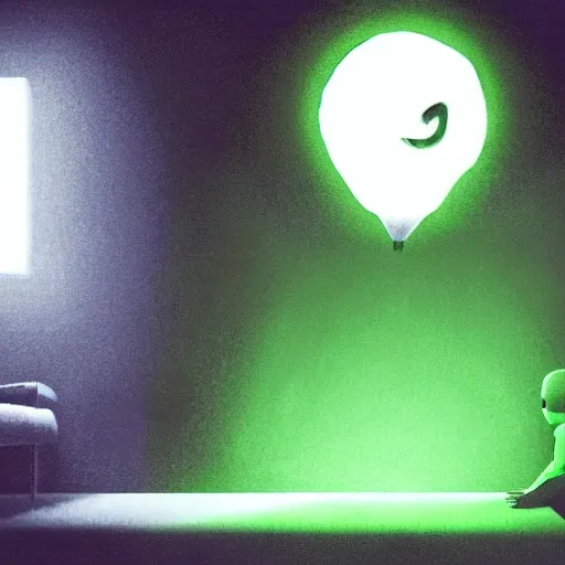 Image similar to a young boy with face lit by c 6 4 monitor green glow at midnight, atmospheric epic award winning illustration with volumetric cinematic lighting