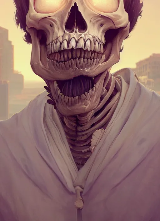 Image similar to highly detailed portrait of skeleton in gta v, stephen bliss, unreal engine, greg rutkowski, loish, rhads, beeple, makoto shinkai and lois van baarle, ilya kuvshinov, rossdraws, tom bagshaw, alphonse mucha, global illumination, god rays, detailed and intricate environment