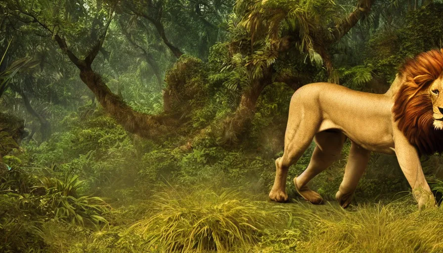 Prompt: a cinematic of a lion running through a jungle, motion blur, cool, stunning, award winning, detailed, fantasy artwork, 8 k, raytracing, dynamic lighting