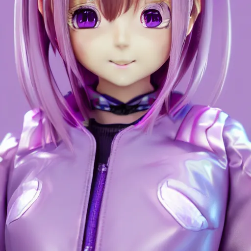 Image similar to portrait of a anime and chibi very cute girl with purple jacket design by antonio mello, xkung work, kawaii, genshin, cyberpunk fashion, character modeling, toy design, substance 3 d painter, blender, mental ray, zbrush, soft vinyl, bio luminescent, maximalist sculpted design portrait, studio photo, 7 0 mm lens, trending in artstation