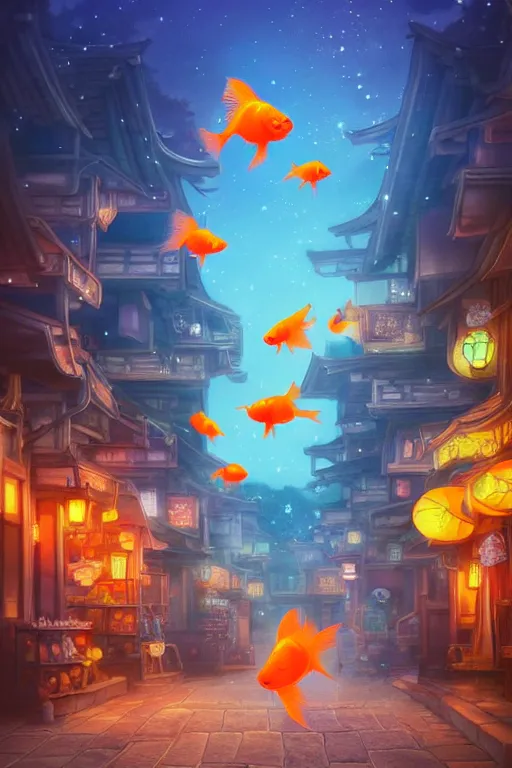 Prompt: fantasy art of glowing goldfish swimming in the air, in the streets of a japanese town at night, with children watching from windows in wonder, in the style of studio ghibli and makoto shinkai, highly detailed digital art, trending on artstation