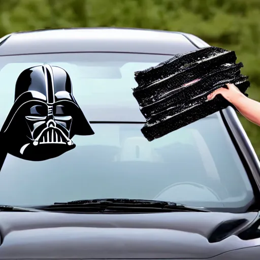 Prompt: darth vader throwing food on a car, throwing food on car windshield