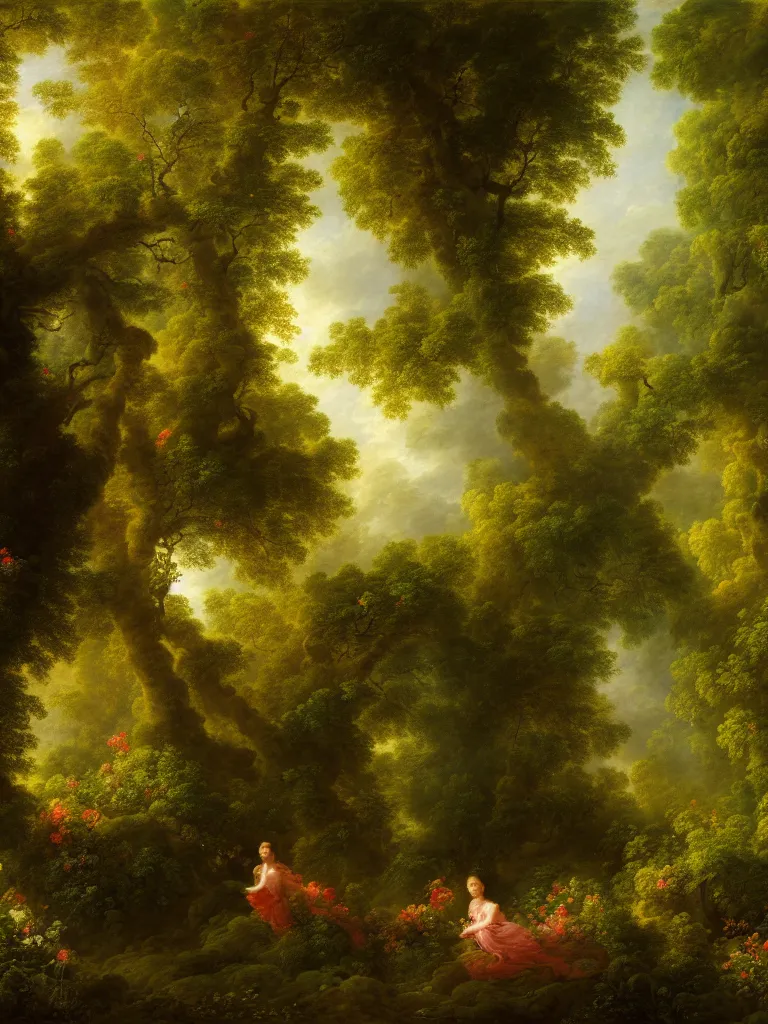 Prompt: painting backdrop of a lush forest, volumetric light, afternoon, light wind, wild flowers, chiaroscuro, john longstaff, jean - honore fragonard, francois boucher, anna dittmann, 4 k, 4 k