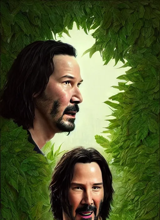 Image similar to highly detailed comedy caper movie poster with silly wacky zany keanu reeves as a sentient pile of leaves, keanu reeves green face as a sentient leafy bush by greg rutkowski, masterpiece, really funny, 1 0 / 1 0 comedy