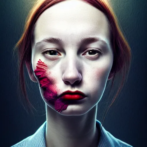 Image similar to beautiful portrait of a hopeless, worthless, lonely, ( young woman ) lawyer, sad, frightening, depressing, miserable, stunning, intelligent, stark, vivid!!, sharp, crisp, colorful!!, ultra ambient occlusion, reflective, universal shadowing, fantasy art, extremely even lighting, art by wlop, dr seuss.