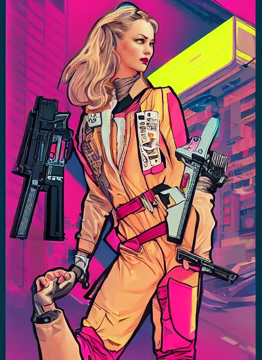 Image similar to cyberpunk saleswoman wearing pink jumpsuit and painting a yellow belt fed pistol. advertisement for pistol. cyberpunk ad poster by james gurney, azamat khairov, and alphonso mucha. artstationhq. painting with vivid color, cell shading. buy now! ( rb 6 s, cyberpunk 2 0 7 7 )