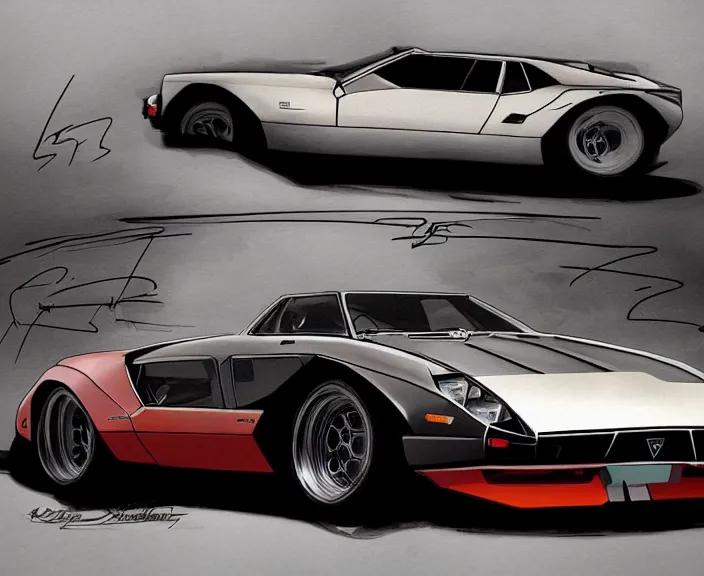 Prompt: a blending, amalgamation and detailed combination of a lamborghini countach, datsun 2 6 0 z and a jaguar e - type, concept art, very round headlights, long front end, 8 k, highly detailed, trending on art station, dramatic lighting