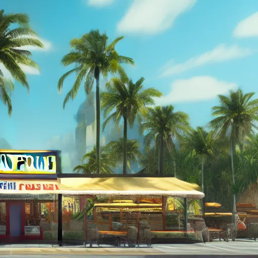 Image similar to fast food restaurant with palm trees, concept art, octane render