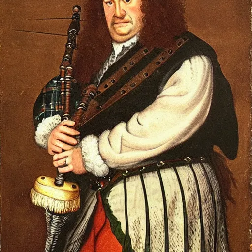 Prompt: a realistic 1 7 th century portrait of harry, a man with scottish features and exceptionally large bagpipes wearing quilts and wielding a wand. very pale, with a large pointy nose. hagrid in the background and hedwig on his shoulder