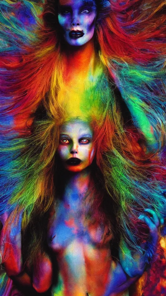 Image similar to the most beautiful supermodel girl burning with unseen colors, photo pic taken by gammell + giger + mcfarlane + del toro + divine god + after life+ realistic delights, rainbow colors drip