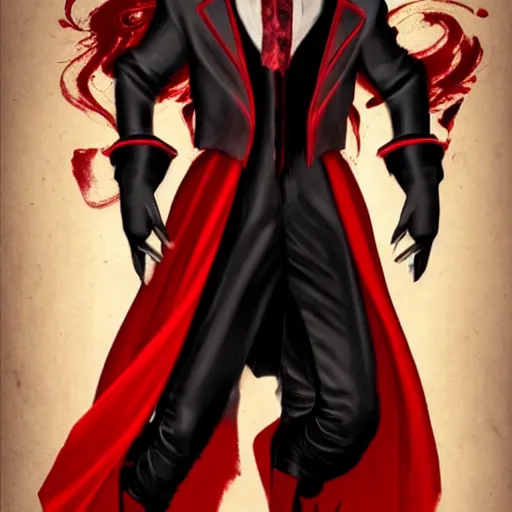 Image similar to a vampire, male, late - 4 0 s aged, long, slicked black hair, clean shaven, in red and black, medieval fantasy, digital art, cinematic shot, full body shot, concept art.