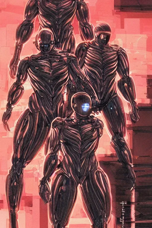 Image similar to cyborg warriors in crynet nanosuit with powerful biological muscle augmentation, at dusk, a color illustration by tsutomu nihei and tetsuo hara