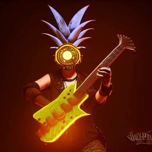 Image similar to a steampunk pineapple, playing electric guitar at a night club, focus on the pineapple, cinematic lighting, exaggerated detailed, unreal engine, octane render, trending on artstation, art by greg rutkowski, 4 k