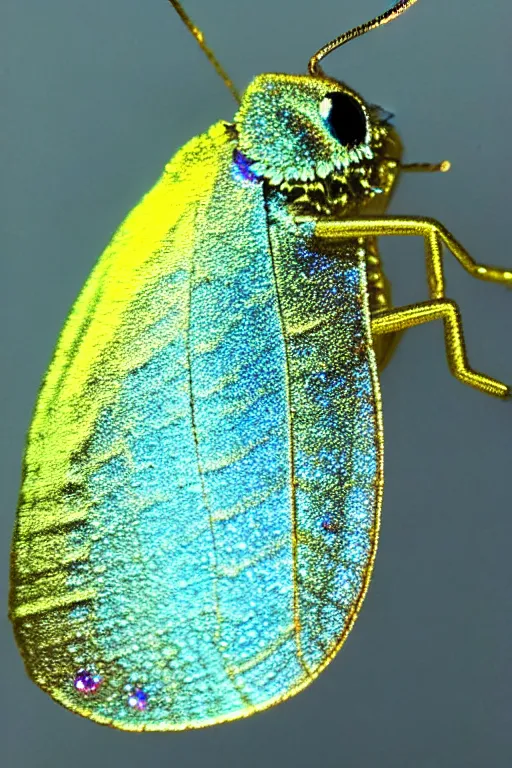 Image similar to high quality close-up photo gothic pearlescent moth! jewelled gorgeous! highly detailed david ligare elson peter cinematic yellow neon lighting high quality low angle hd 8k sharp shallow depth of field