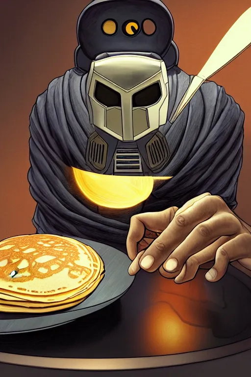 Image similar to mf doom making pancakes, animation pixar style, by pendleton ward, magali villeneuve, artgerm, rob rey and kentaro miura style, golden ratio, trending on art station