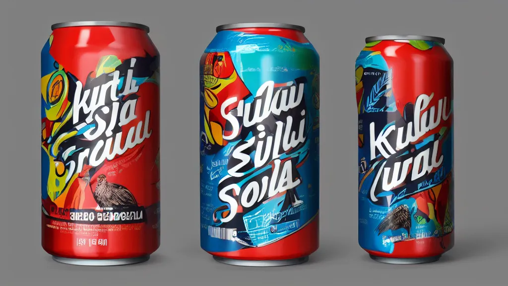 Prompt: packaging design for a kiwi soda can, design inspired by the 8 0's, product photography, studio lighting, diffused lighting, high detail, smooth sharp focus, unreal engine 5 render, 4 k
