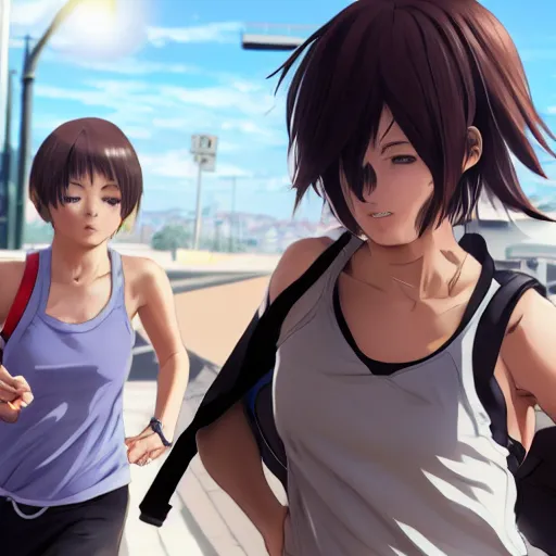 Image similar to anime style, gta 5, girl is running, red sport clothing, marathon race, brown short hair, hair down, symmetrical facial features, from arknights, hyper realistic, rule of thirds, extreme detail, detailed 4 k drawing, safebooru, realistic lighting, by alphonse mucha, greg rutkowski, smooth, backlit