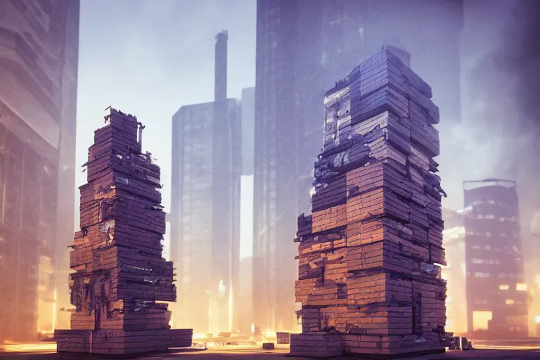 Image similar to A dystopian future in a city made of life-size Jenga blocks, evil, demonic, angelic, environment concept, Rendered in Octane, trending on artstation, cgsociety, moody lighting rendered by octane engine, environment 8K artstation, cinematic lighting, intricate details, 4k detail post processing, hyperealistic, octane render, photo realism