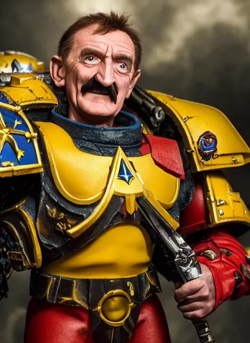 Prompt: Barry Chuckle as a Warhammer 40K Space Marine, movie still, cinematic lighting, dramatic, octane render, long lens, shallow depth of field, 8k, hyper detailed