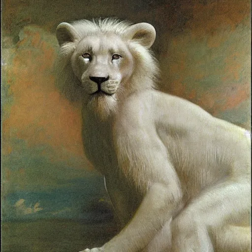 Image similar to award winning photo of muscular male albino anthropomorphic anthro furry white lion by george frederic watts