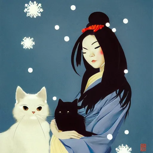 Image similar to full body icon stylized minimalist an asian girl with geisha makeup holding a cute black cat surrounded by snowflakes, loftis, cory behance hd by jesper ejsing and zdzisław beksinski and norman rockwell and greg rutkowski weta studio, and lucasfilm - c 1 0