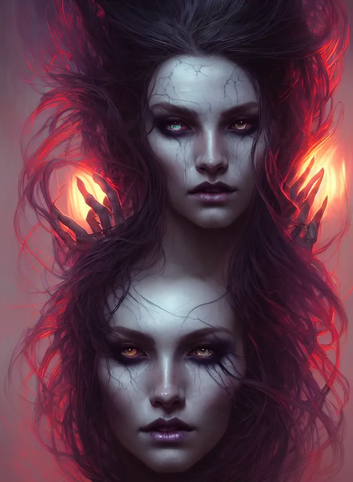 Image similar to Necromancer Sorceress face in center, fantasy magic, undercut hairstyle, dark light night, intricate, elegant, sharp focus, illustration, highly detailed, digital painting, concept art, matte, art by WLOP and Artgerm and Greg Rutkowski and Alphonse Mucha, masterpiece