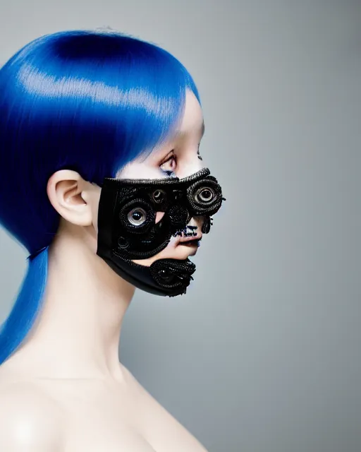 Prompt: symmetrical close - up portrait of a woman wearing a embroidered translucent silicone beauty mask and deep blue hair, wearing a black bodysuit by alexander mcqueen, black background, soft diffused light, biotechnology, humanoide robot, bjork aesthetic, translucent, by rineke dijkstra, intricate details, highly detailed, masterpiece,